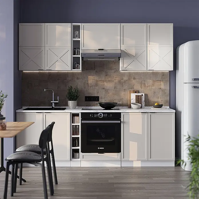 Vicco Küchenzeile Fame-Line GrauBeige/Weiß, AP Marmor - Breite: 235 cm, GrauBeige, Ohne Elektrogeräte - Moderne hellgraue Küche mit Kreuzpaneel-Details, schwarzem Einbaubackofen und dunklem Fliesenspiegel.