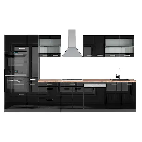 Vicco  Küchenzeile R-Line Schwarz Hochglanz/Anthrazit mit Hochschrank, AP Eiche