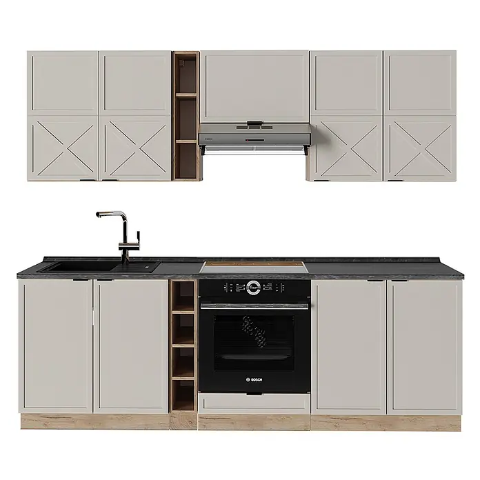 Vicco Küchenzeile Fame-Line GrauBeige/Goldkraft Eiche, AP Anthrazit - Breite: 235 cm, GrauBeige, Ohne Elektrogeräte - Moderne hellgraue Küche mit dunkler Arbeitsplatte, Spüle, Induktionskochfeld, Backofen und offenen Regalen in Holzoptik.