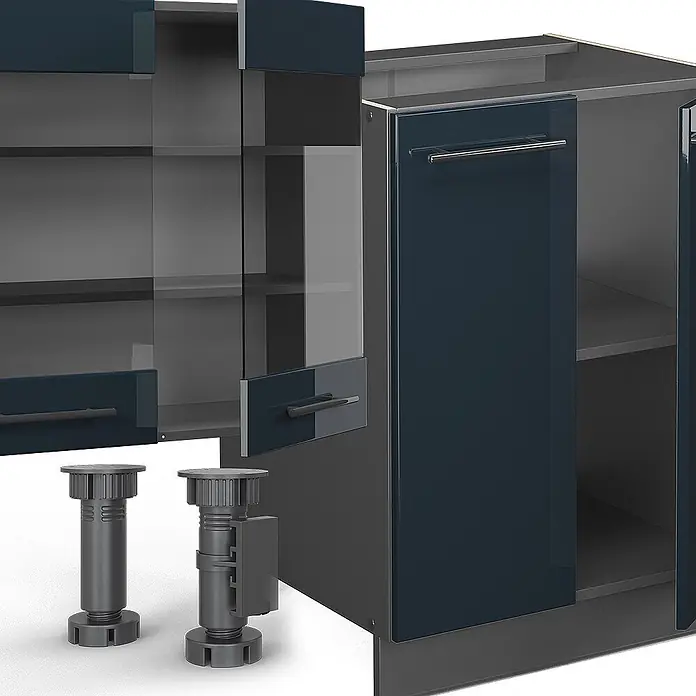 Vicco Küchenzeile Fame-Line Dunkelblau Hochglanz mit Hochschrank, ohne Arbeitsplatte - Dunkelblau Hochglanz, Ohne Elektrogeräte - Modulare dunkelblaue und Glas-Küchenschränke mit verstellbaren Stellfüßen.