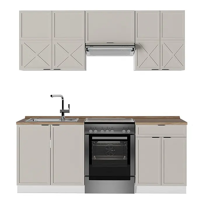 Vicco Küchenzeile Fame-Line GrauBeige/Weiß, AP Eiche - Breite: 200 cm, GrauBeige, Ohne Elektrogeräte - Helle grau Küchenschränke mit Holztheke, Spüle, Herd und Dunstabzugshaube, als kompakte Küchenzeile.