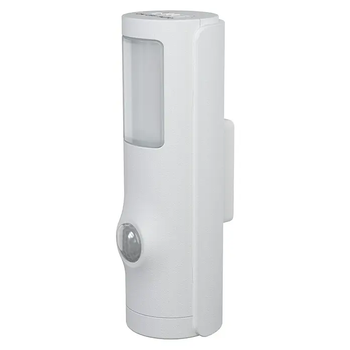 Osram Nightlux Mobiles LED-Licht Torch - Weiß, 36 x 42 x 108 mm - Nahaufnahme eines weißen Steinel XLED home 2 XL Sensorscheinwerfers mit Bewegungsmelder und LED-Leuchte für den Außenbereich.