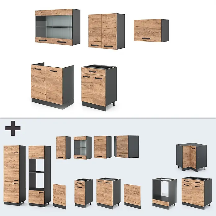 Vicco Küchenzeile R-Line Goldkraft Eiche/Anthrazit ohne Arbeitsplatte - Goldkraft Eiche, Ohne Elektrogeräte - Modulares Küchenschrank-Set mit hellen Holzfronten und dunkelgrauen Rahmen.