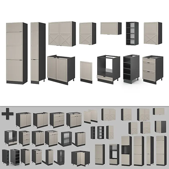 Vicco Küchenzeile Fame-Line GrauBeige/Anthrazit, AP Anthrazit - Breite: 355 cm, GrauBeige, Ohne Elektrogeräte - Satz modularer Küchenschränke: dunkelgraue Korpusse mit hellbeigen Türen, darunter Unter-, Ober-, Hoch- und Eckschränke, teils mit Kreuzverstrebungen.