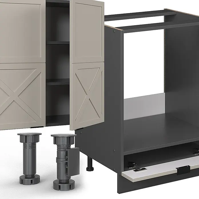 Vicco Küchenzeile Fame-Line GrauBeige/Anthrazit, AP Anthrazit - Breite: 355 cm, GrauBeige, Ohne Elektrogeräte - Dunkelgraues Küchenschrankgestell mit beigefarbenen Türen mit X-Paneelen und zwei verstellbaren Beinen. Türen zeigen Innenregale.