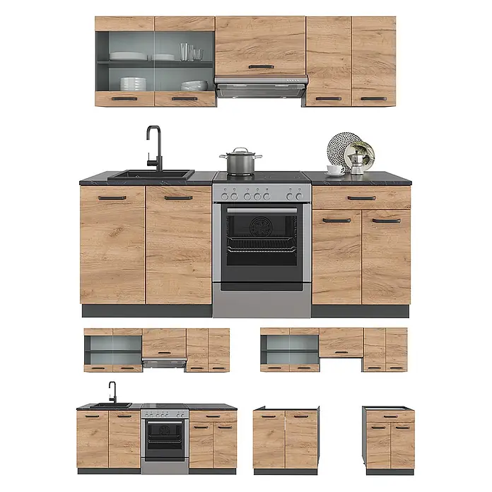 Vicco Küchenzeile R-Line Goldkraft Eiche/Anthrazit ohne Arbeitsplatte - Goldkraft Eiche, Ohne Elektrogeräte - Modulares Küchenschrank-Set in Holzoptik mit schwarzen Arbeitsplatten, integrierter Spüle, Herd und Oberschränken.