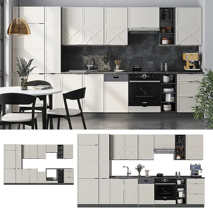 Vicco Küchenzeile Fame-Line GrauBeige/Anthrazit, AP Anthrazit - Breite: 355 cm, GrauBeige, Ohne Elektrogeräte - Moderne helle cremefarbene Küchenschränke mit dunkler Rückwand, integrierten Geräten und offenen grauen Regalen. Mit dekorativen oberen Türfronten.