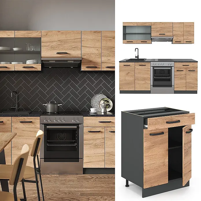 Vicco Küchenzeile R-Line Goldkraft Eiche/Anthrazit ohne Arbeitsplatte - Goldkraft Eiche, Ohne Elektrogeräte - Moderne Küche mit hellen Holzmaserungsschränken, dunklen Arbeitsplatten und schwarzen Griffen, mit Backofen, Kochfeld, Spüle und Dunstabzugshaube.