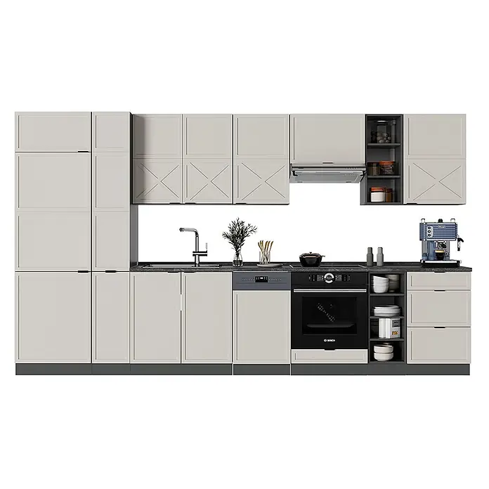 Vicco Küchenzeile Fame-Line GrauBeige/Anthrazit, AP Anthrazit - Breite: 355 cm, GrauBeige, Ohne Elektrogeräte - Hellebeige modulare Küche mit dunkler Arbeitsplatte, Einbaugeräten und offenen Regalen.