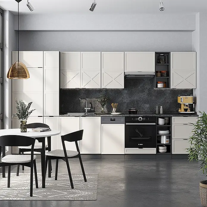 Vicco Küchenzeile Fame-Line GrauBeige/Anthrazit, AP Anthrazit - Breite: 355 cm, GrauBeige, Ohne Elektrogeräte - Moderne Küche mit cremefarbenen Schränken, dunkler Steinrückwand, integrierten Geräten und einem Essbereich mit schwarzen Stühlen.