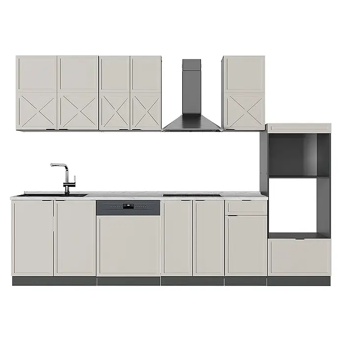 Vicco Küchenzeile Fame-Line GrauBeige/Anthrazit mit Hochschrank, AP Marmor - Breite: 300 cm, GrauBeige, Ohne Elektrogeräte - Moderne Modulküche mit hellbeigen Schränken, dunkelgrauen Geräten, Arbeitsplatte in Marmoroptik und 'X'-Paneel-Details.