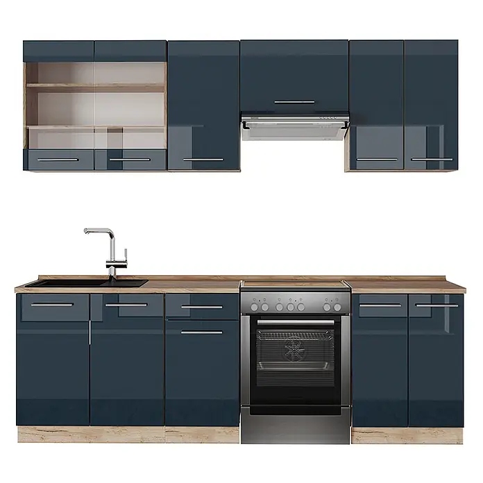 Vicco Küchenzeile Fame-Line Dunkelblau Hochglanz/Goldkraft Eiche, AP Eiche - Dunkelblau Hochglanz, Ohne Elektrogeräte - Glänzende, dunkelblaue Küchenzeile mit Holz-Arbeitsplatte, Spüle und integriertem Ofen und Kochfeld.