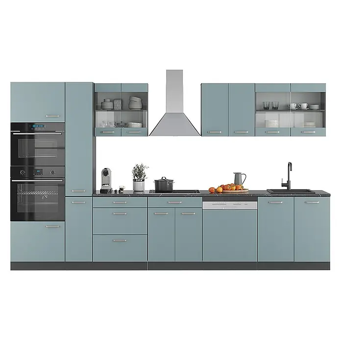 Vicco Küchenzeile R-Line Blau-Grau/Anthrazit mit Hochschrank, AP Marmor - Blau-Grau, Ohne Elektrogeräte - Moderne hellblaue Küche mit schwarzer Arbeitsplatte, silbernen Griffen und integrierten Geräten wie Backöfen, Kochfeld und Spülmaschine.