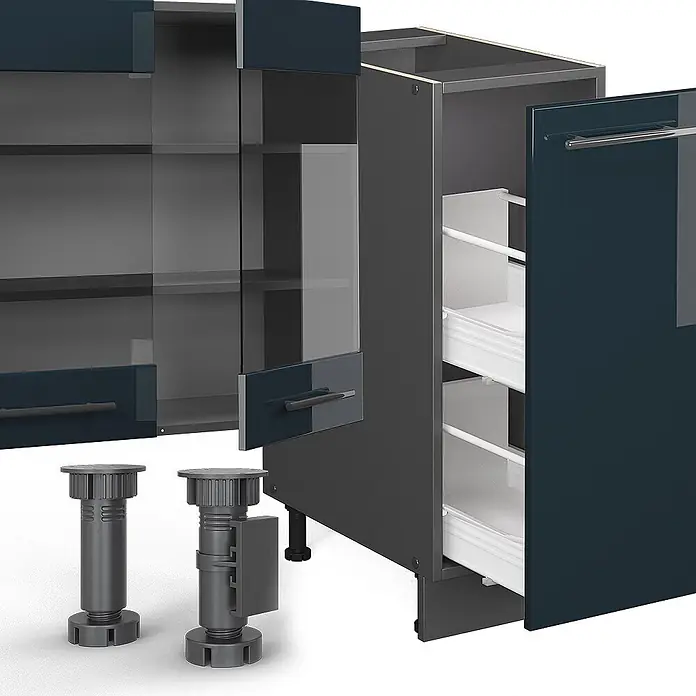 Vicco Küchenzeile Fame-Line Dunkelblau Hochglanz/Anthrazit, AP Anthrazit - Breite: 280 cm, Dunkelblau Hochglanz, Ohne Elektrogeräte - Explosionszeichnung dunkelblauer Küchenschränke mit Glastüren, Auszügen und verstellbaren Füßen.