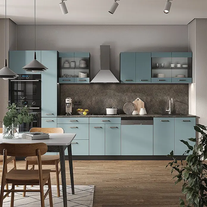 Vicco Küchenzeile R-Line Blau-Grau/Anthrazit mit Hochschrank, AP Marmor - Blau-Grau, Ohne Elektrogeräte - Moderne Küche mit hellblau-grünen Schränken, dunklen Arbeitsplatten, integrierten Geräten und einem Essbereich.
