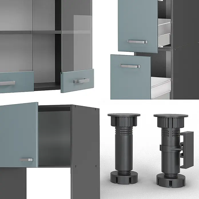 Vicco Küchenzeile R-Line Blau-Grau/Anthrazit mit Hochschrank, AP Marmor - Blau-Grau, Ohne Elektrogeräte - Modulare grau-blaue und dunkelgraue Schrankteile mit Griffen, plus zwei schwarze verstellbare Kunststoffmöbelfüße.