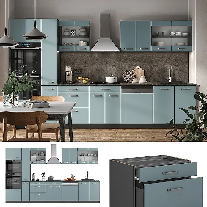Vicco Küchenzeile R-Line Blau-Grau/Anthrazit mit Hochschrank, AP Marmor - Blau-Grau, Ohne Elektrogeräte - Moderne blaugraue Küche mit Schränken, integrierten Geräten, Glasfronten und eleganten Metallgriffen.