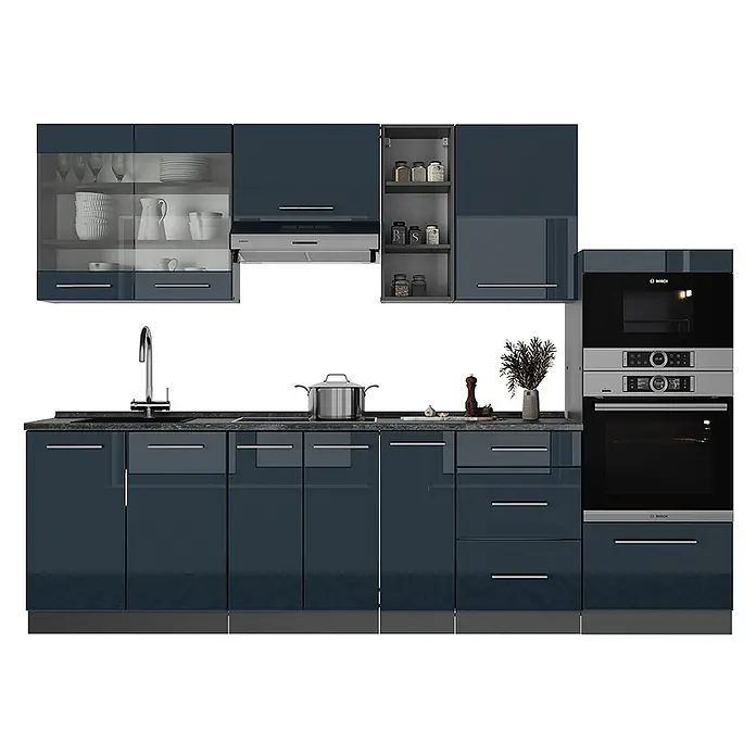 Vicco Küchenzeile Fame-Line Dunkelblau Hochglanz/Anthrazit, AP Anthrazit - Breite: 280 cm, Dunkelblau Hochglanz, Ohne Elektrogeräte - Moderne hochglänzende dunkelblaue Küchenzeile mit integrierter Spüle, Kochfeld, Backofen, Mikrowelle und vielen Schränken.