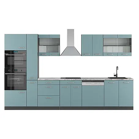 Vicco  Küchenzeile R-Line Blau-Grau/Anthrazit mit Hochschrank, AP Marmor