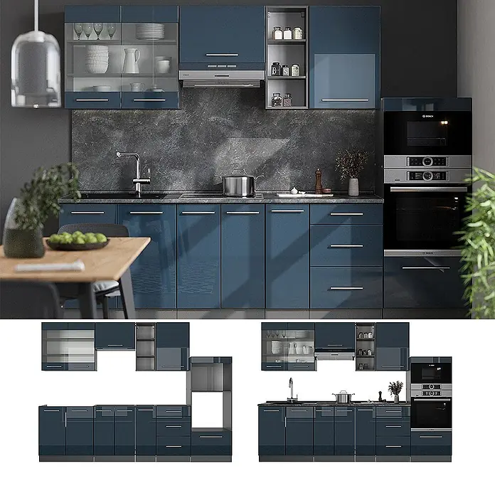 Vicco Küchenzeile Fame-Line Dunkelblau Hochglanz/Anthrazit, AP Anthrazit - Breite: 280 cm, Dunkelblau Hochglanz, Ohne Elektrogeräte - Moderne glänzende blaue Küche mit grifflosen Schränken, integriertem Ofen, Kochfeld und Spüle.
