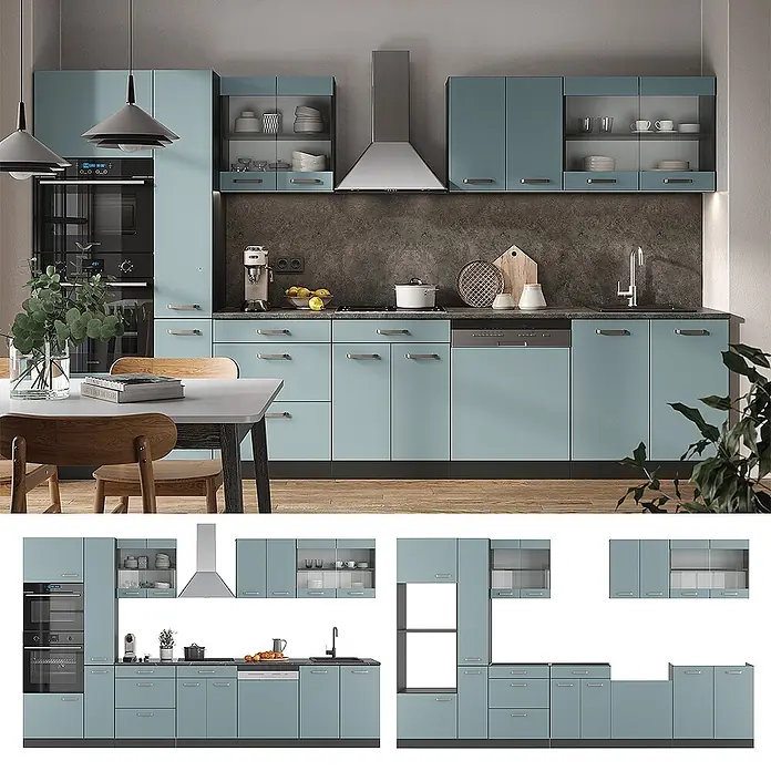 Vicco Küchenzeile R-Line Blau-Grau/Anthrazit mit Hochschrank, AP Marmor - Blau-Grau, Ohne Elektrogeräte - Moderne Modulküche mit hellblauen Schränken, dunklen Arbeitsplatten und integrierten Geräten.
