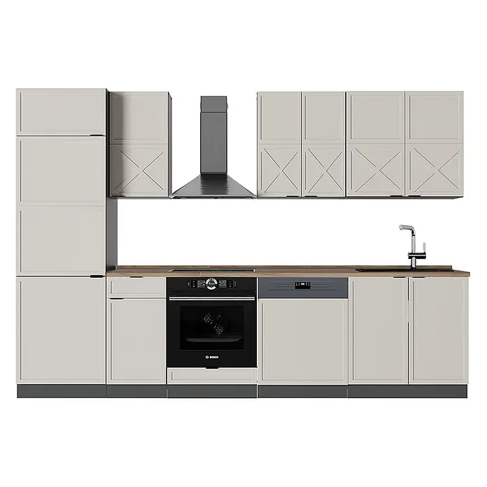 Vicco Küchenzeile Fame-Line GrauBeige/Anthrazit, AP Eiche - Breite: 300 cm, GrauBeige, Ohne Elektrogeräte - Hellbeige Küche mit traditionellen Schränken, Holzplatte, schwarzem Ofen, grauem Geschirrspüler und Dunstabzugshaube.
