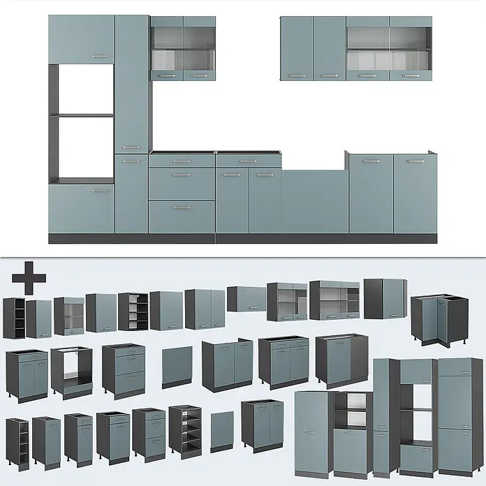 Vicco Küchenzeile R-Line Blau-Grau/Anthrazit mit Hochschrank, AP Marmor - Blau-Grau, Ohne Elektrogeräte - Modulare Küchenzeile in Staubblau und Dunkelgrau mit silbernen Griffen, zeigt Aufbau und einzelne Schränke.