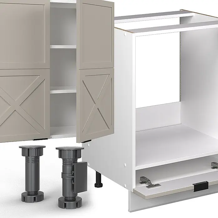 Vicco Küchenzeile Fame-Line GrauBeige/Weiß, AP Marmor - Breite: 355 cm, GrauBeige, Ohne Elektrogeräte - Modulare Küchenschrankkomponenten: weißer Korpus, beige Türen mit X-Muster und verstellbare dunkelgraue Füße.