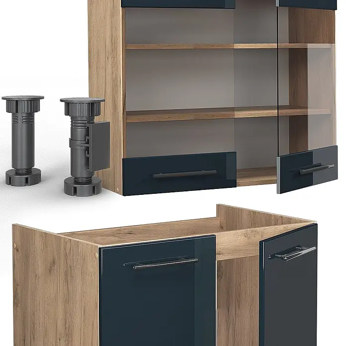 Vicco Küchenzeile Fame-Line Dunkelblau Hochglanz/Goldkraft Eiche, AP Marmor - Dunkelblau Hochglanz, Ohne Elektrogeräte - Modulares Schrank-System in Holzoptik und Dunkelblau, mit Glas- und Massivtüren, gezeigt mit verstellbaren Möbelfüßen.