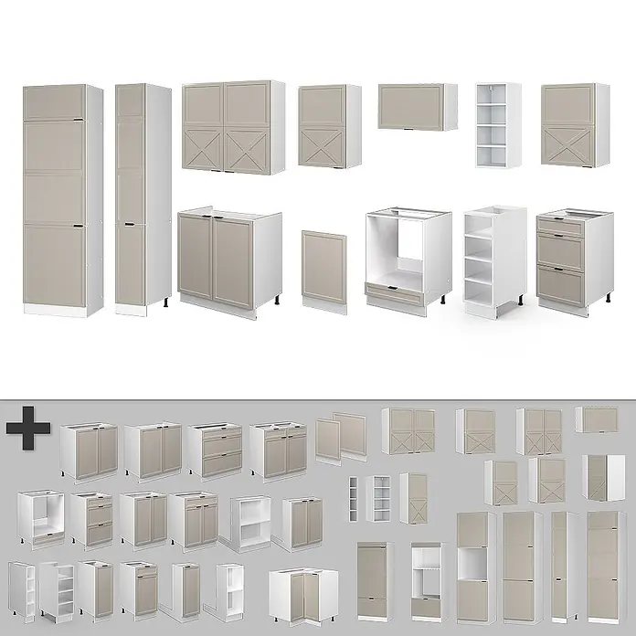 Vicco Küchenzeile Fame-Line GrauBeige/Weiß, AP Marmor - Breite: 355 cm, GrauBeige, Ohne Elektrogeräte - Modulare Küchenschränke in Beige und Weiß, darunter Unter-, Hänge- und Hochschränke mit Türen und Schubladen.