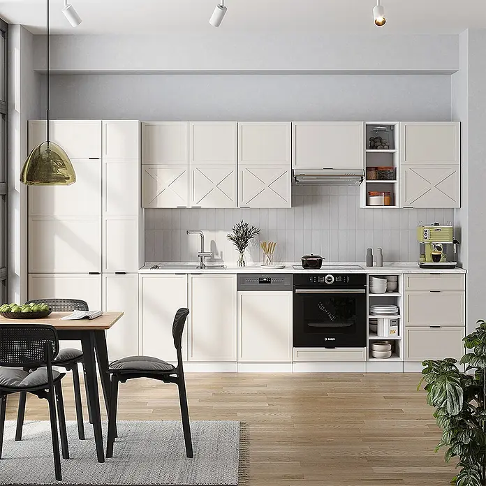 Vicco Küchenzeile Fame-Line GrauBeige/Weiß, AP Marmor - Breite: 355 cm, GrauBeige, Ohne Elektrogeräte - Moderne cremefarbene Küchenschränke mit X-Muster, integrierten Geräten und Esstisch mit schwarzen Stühlen. Zeitgemäßes Küchendesign.