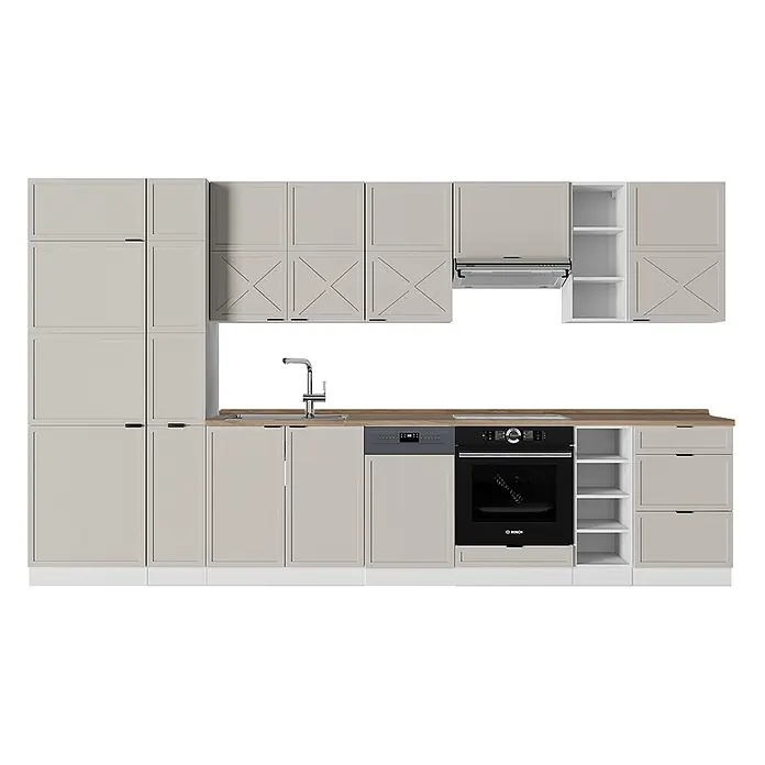 Vicco Küchenzeile Fame-Line GrauBeige/Weiß, AP Eiche - Breite: 355 cm, GrauBeige, Ohne Elektrogeräte - Helle beige/graue Küchenzeile mit Holz-Arbeitsplatte, integrierter Spüle, Kochfeld, Backofen, Geschirrspüler und diversen Schränken.
