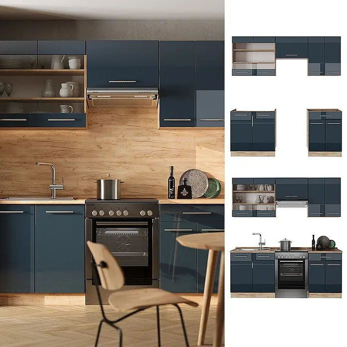 Vicco Küchenzeile Fame-Line Dunkelblau Hochglanz/Goldkraft Eiche, AP Marmor - Dunkelblau Hochglanz, Ohne Elektrogeräte - Moderne dunkelblaue Küchenzeile mit glänzenden Schränken und Holzdetails, in einer modernen Umgebung mit modularen Komponenten.