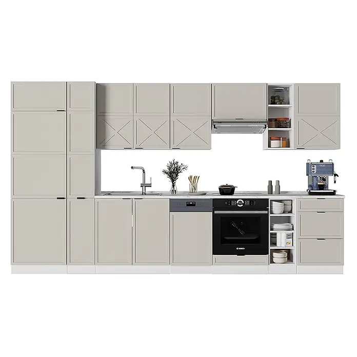 Vicco Küchenzeile Fame-Line GrauBeige/Weiß, AP Marmor - Breite: 355 cm, GrauBeige, Ohne Elektrogeräte - Beigefarbenes Küchensystem im Shaker-Stil mit X-Streben-Türen, integrierten Geräten und Marmor-Arbeitsplatte.