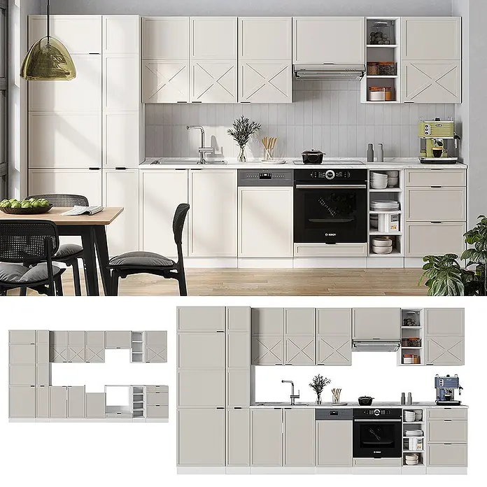 Vicco Küchenzeile Fame-Line GrauBeige/Weiß, AP Marmor - Breite: 355 cm, GrauBeige, Ohne Elektrogeräte - Greige Küchenschrank-Set mit Fronten in Kreuzoptik, Ober- und Unterschränken, integrierten Geräten und offenen Regalen.