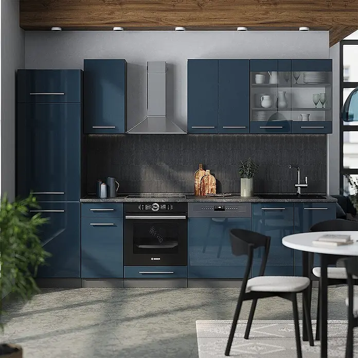 Vicco Küchenzeile Fame-Line Dunkelblau Hochglanz/Anthrazit ohne Arbeitsplatte - Breite: 300 cm, Dunkelblau Hochglanz, Ohne Elektrogeräte - Moderne Küche mit glänzenden blauen Schränken, integriertem Backofen, Geschirrspüler und Dunstabzugshaube.