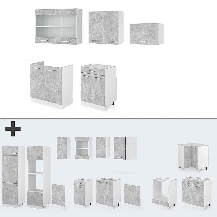 Vicco Küchenzeile R-Line Beton/Weiß ohne Arbeitsplatte - Beton, Ohne Elektrogeräte - Modulare Küchenschränke mit hellgrauen Türen in Steinoptik und weißen Rahmen.