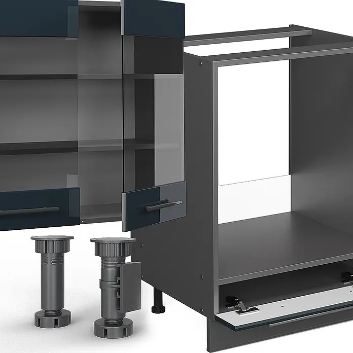 Vicco Küchenzeile Fame-Line Dunkelblau Hochglanz/Anthrazit ohne Arbeitsplatte - Breite: 300 cm, Dunkelblau Hochglanz, Ohne Elektrogeräte - Dunkelgraue Küchenschrankteile: Türen mit Glas- und Massivpaneelen, Griffe, verstellbare Füße und ein Rahmen mit leerem Fach.