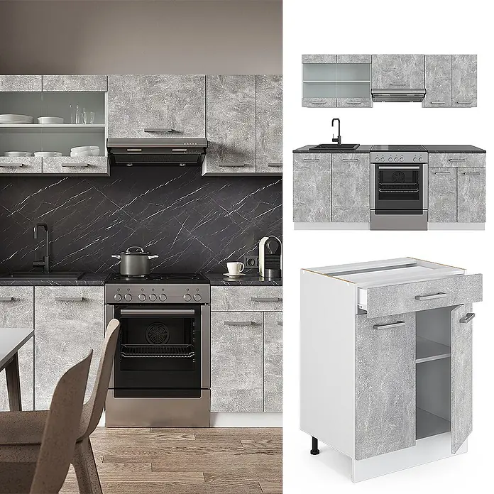 Vicco Küchenzeile R-Line Beton/Weiß ohne Arbeitsplatte - Beton, Ohne Elektrogeräte - Küchenzeile in grauem Marmor-Look mit integrierter Spüle, Herd und viel Stauraum.