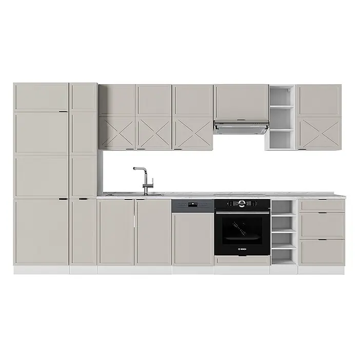 Vicco Küchenzeile Fame-Line GrauBeige/Weiß, AP Marmor - Breite: 355 cm, GrauBeige, Ohne Elektrogeräte - Moderne beigefarbene Küche mit Marmoroptik-Arbeitsplatte, integrierten Geräten, Spüle und dekorativen Schranktüren.