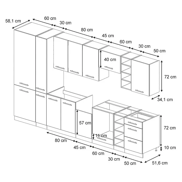 Vicco Küchenzeile Fame-Line Schwarz gestreift/Anthrazit ohne Arbeitsplatte - Breite: 355 cm, Schwarz gestreift, Ohne Elektrogeräte - Strichzeichnung eines modularen Küchenschranks-Sets mit Ober- und Unterschränken, inkl. Hochschränken, Hänge- und Unterschränken, mit Maßen.