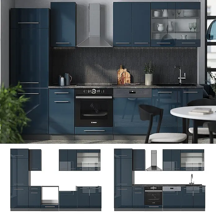 Vicco Küchenzeile Fame-Line Dunkelblau Hochglanz/Anthrazit ohne Arbeitsplatte - Breite: 300 cm, Dunkelblau Hochglanz, Ohne Elektrogeräte - Glänzende blaue Einbauküche mit integrierten Geräten (Backofen, Spülmaschine, Spüle) und verschiedenen Schränken.