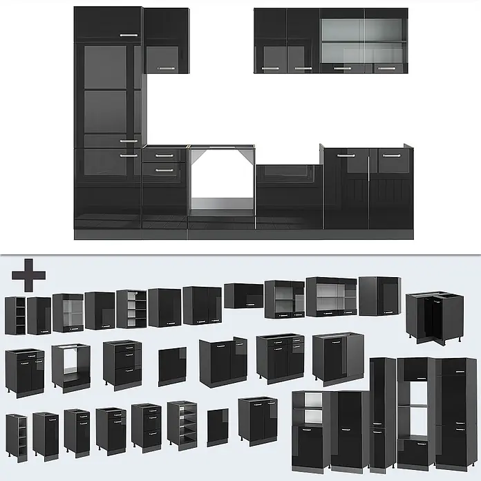 Vicco Küchenzeile R-Line Schwarz Hochglanz/Anthrazit, AP Marmor - Breite: 300 cm, Schwarz Hochglanz, Ohne Elektrogeräte - Modulare Hochglanz-Schwarz Küchenschrank-Set mit Glastüren, zeigt diverse Unter- und Oberschränke.
