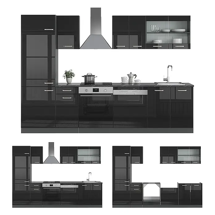 Vicco Küchenzeile R-Line Schwarz Hochglanz/Anthrazit, AP Marmor - Breite: 300 cm, Schwarz Hochglanz, Ohne Elektrogeräte - Schwarzes Hochglanz-Modulküchenset in verschiedenen Konfigurationen mit Schränken und Geräten.