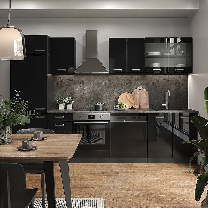 Vicco Küchenzeile R-Line Schwarz Hochglanz/Anthrazit, AP Marmor - Breite: 300 cm, Schwarz Hochglanz, Ohne Elektrogeräte - Moderne schwarze Küche mit eleganten Schränken, integrierten Geräten und dunkler Steinoptik-Rückwand und Arbeitsplatte.