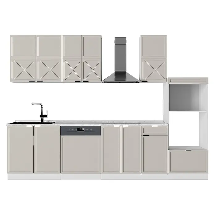 Vicco Küchenzeile Fame-Line GrauBeige/Weiß mit Hochschrank, AP Marmor - Breite: 300 cm, GrauBeige, Ohne Elektrogeräte - Moderne beige Küchenzeile mit Spüle, Geschirrspüler, Dunstabzugshaube und integrierten Regalen. Oberschränke mit X-Muster und Marmor-Arbeitsplatte.