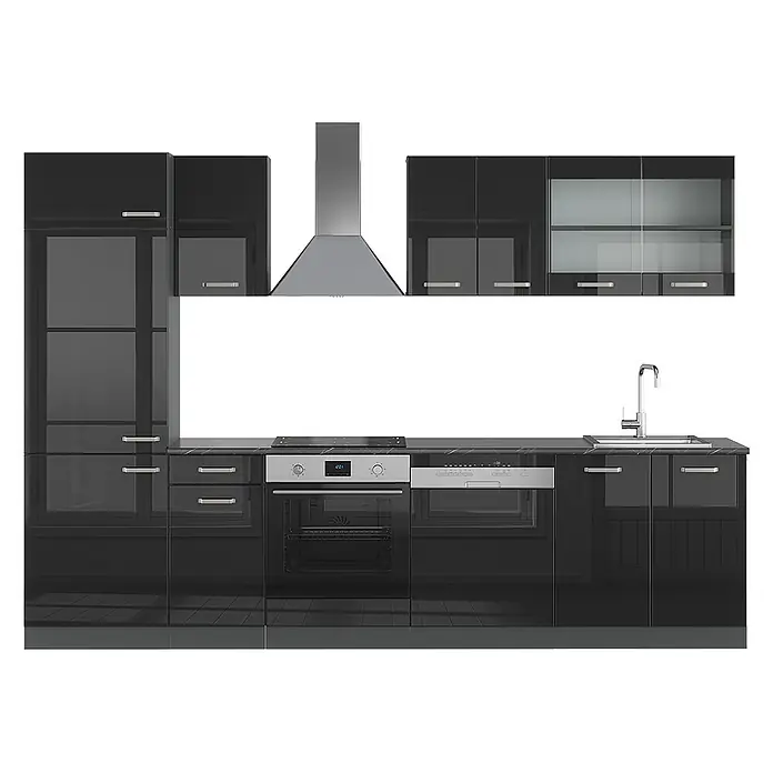 Vicco Küchenzeile R-Line Schwarz Hochglanz/Anthrazit, AP Anthrazit - Schwarz Hochglanz, Ohne Elektrogeräte - Moderne, glänzend schwarze Küchenzeile mit integrierten Edelstahlgeräten: Dunstabzug, Kochfeld, Backofen, Spülmaschine und Spüle.