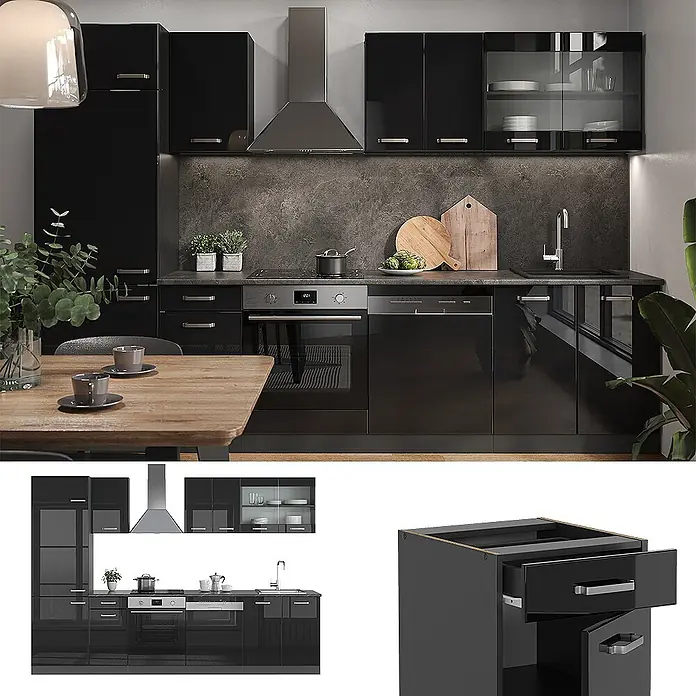 Vicco Küchenzeile R-Line Schwarz Hochglanz/Anthrazit, AP Marmor - Breite: 300 cm, Schwarz Hochglanz, Ohne Elektrogeräte - Hochglanz-schwarze, moderne Küchenschränke mit integrierten Geräten in einer zeitgenössischen Küche.