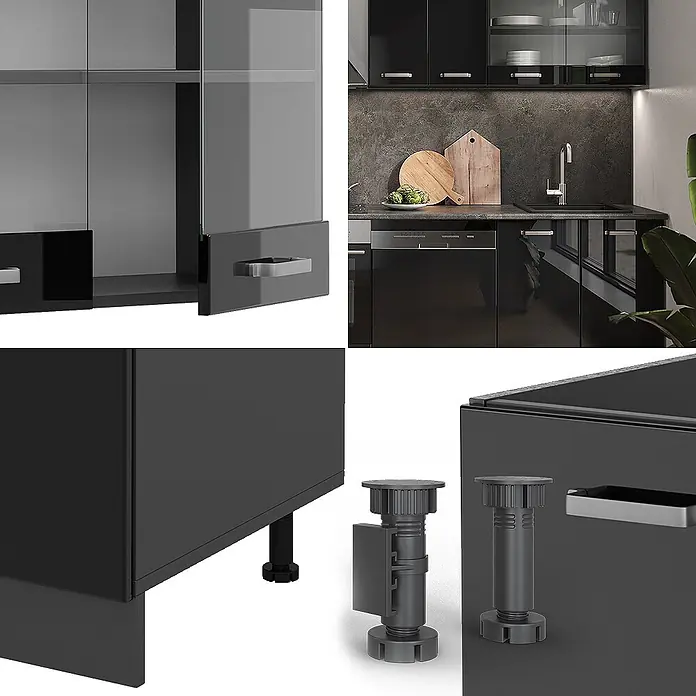 Vicco Küchenzeile R-Line Schwarz Hochglanz/Anthrazit, AP Marmor - Breite: 300 cm, Schwarz Hochglanz, Ohne Elektrogeräte - Modulare schwarze Küchenschränke mit Glastüren, Hochglanz, Chromgriffen und verstellbaren Füßen.