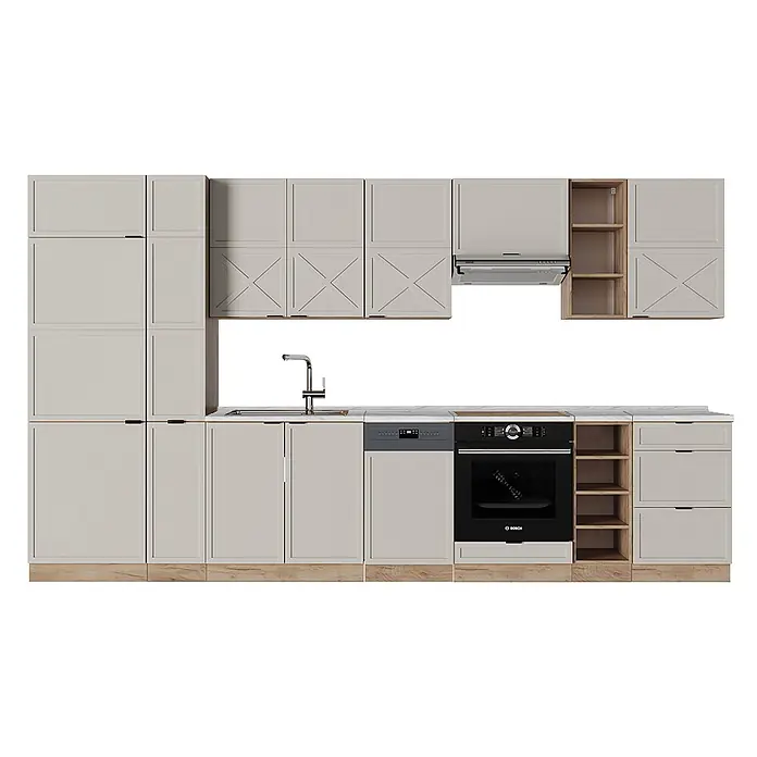 Vicco Küchenzeile Fame-Line GrauBeige/Goldkraft Eiche ohne Arbeitsplatte - Breite: 355 cm, GrauBeige, Ohne Elektrogeräte - Modulare hellgraue Küche mit Rahmentüren, hellem Holzsockel, integrierten Geräten und offenen Regalen.
